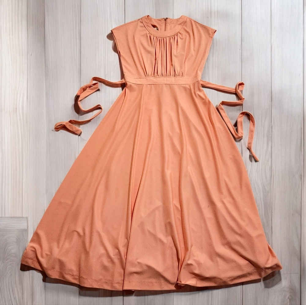 1970s Wendy Watts Peach Polyester Maxi Dress Cap Sleeve Womens 13 Fits Like 8